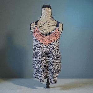 Xhilaration Navy and Coral‎ Patterned Top